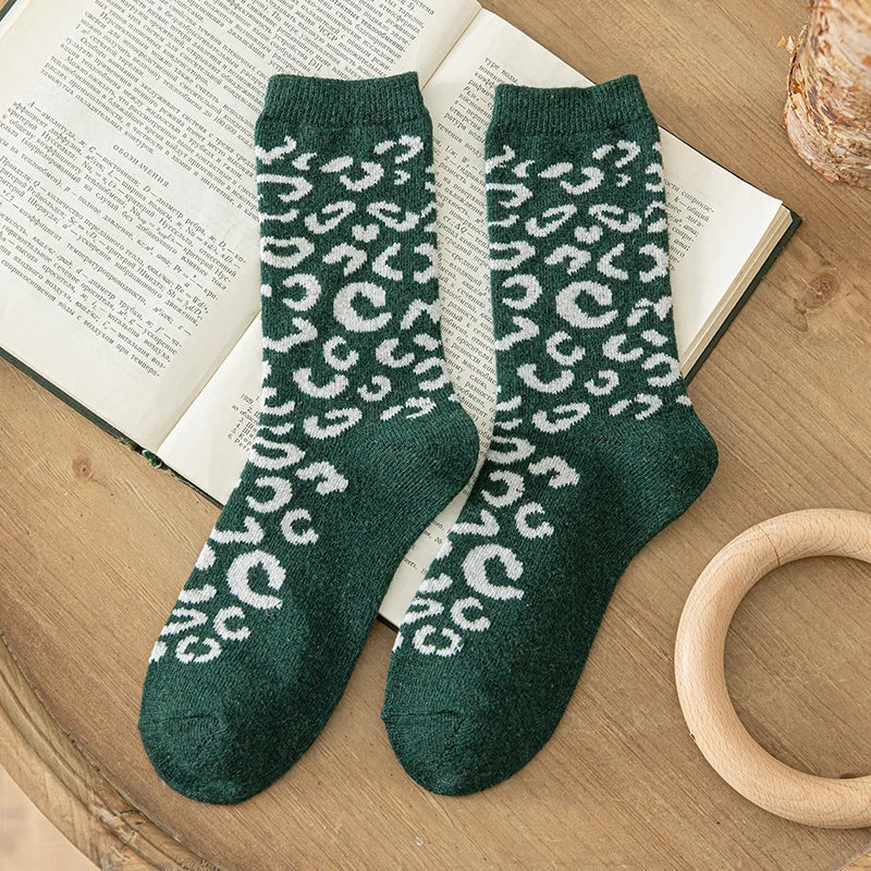 Leopard Print Wool Mid Calf Socks