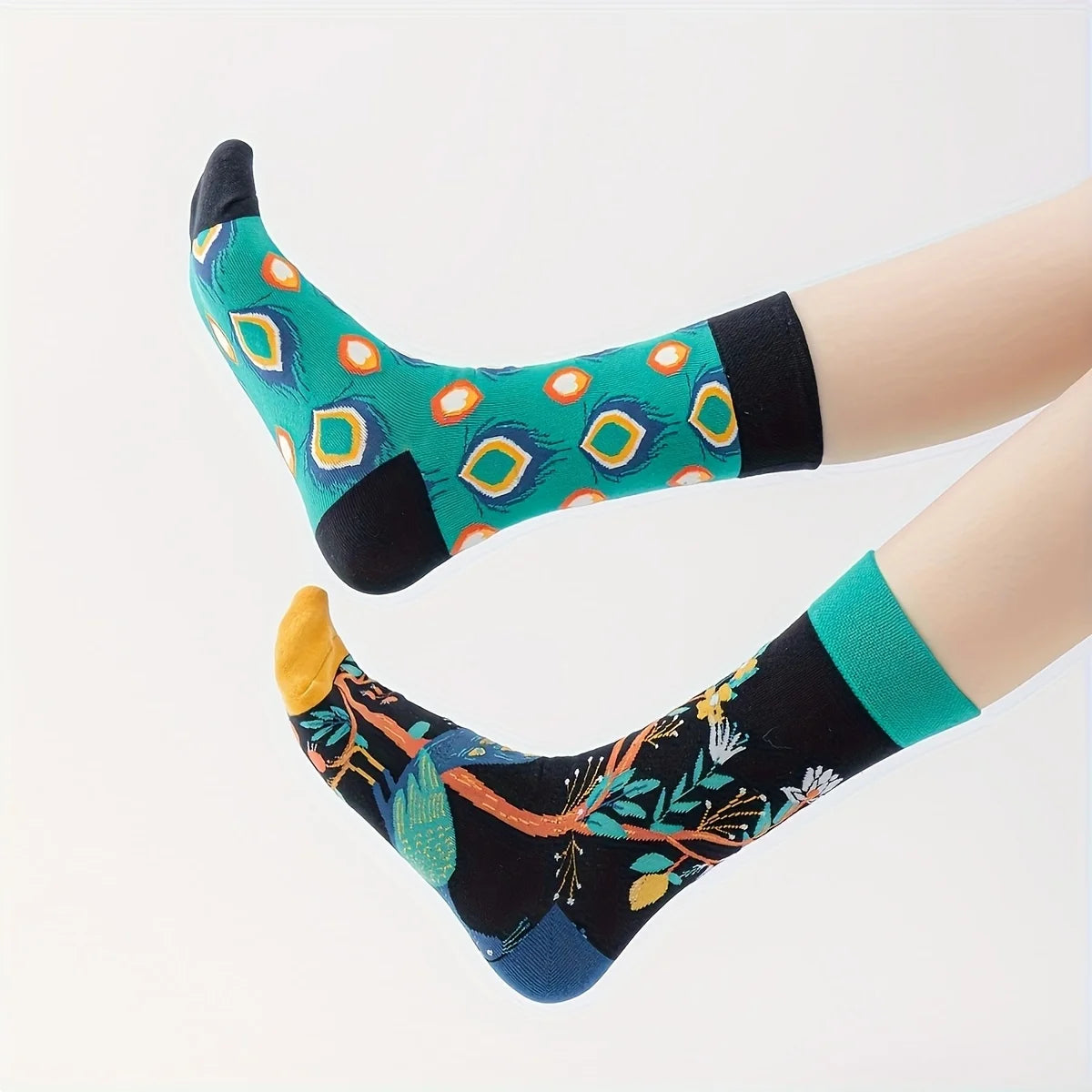 Cotton Blend Peacock Print Mid Calf Socks