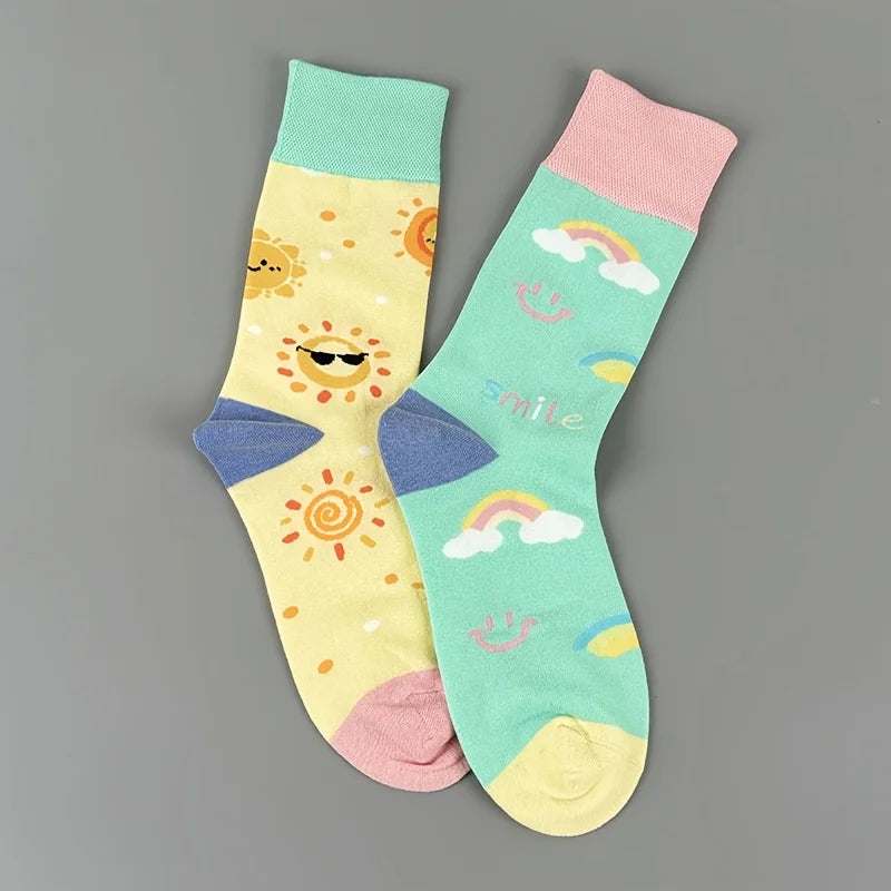 Cotton Blend Rainbow Sunflower Women Casual Crew Socks - 3