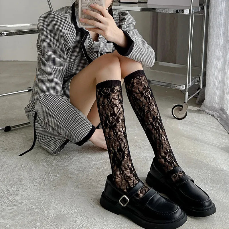 Women Nylon Floral Lace Mid Calf Socks