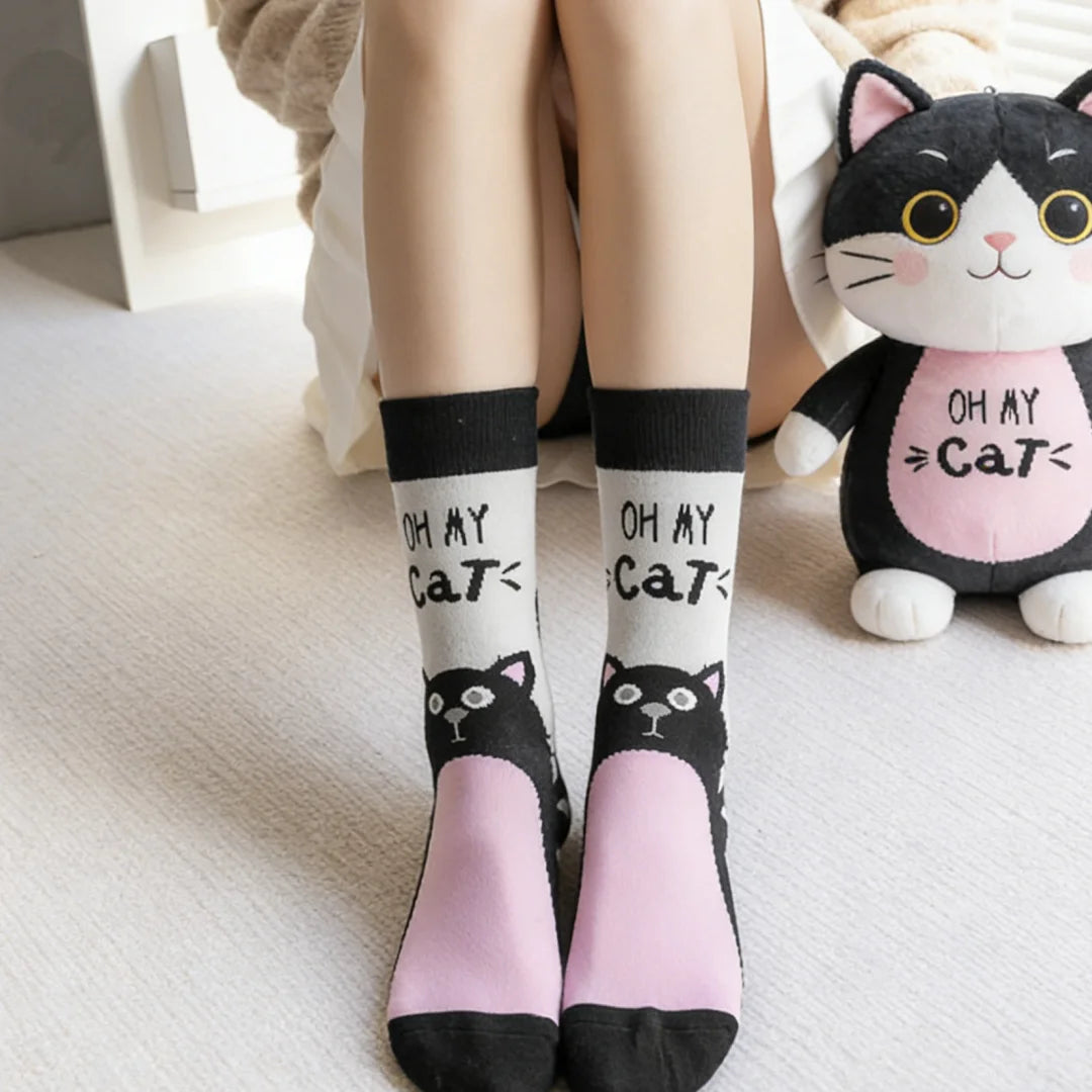 Cotton Blend Mid Calf Cat Print Socks
