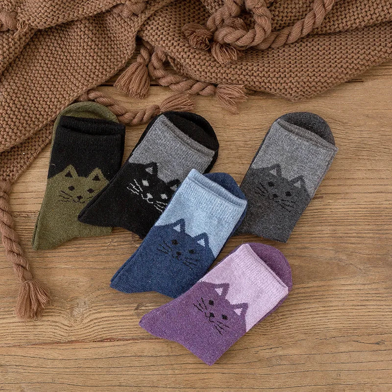 Wool Blend Cat Print Winter Socks Five Pairs