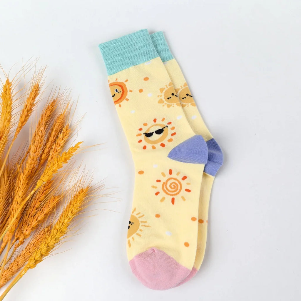 Cotton Blend Cartoon Sun Mid Calf Casual Socks