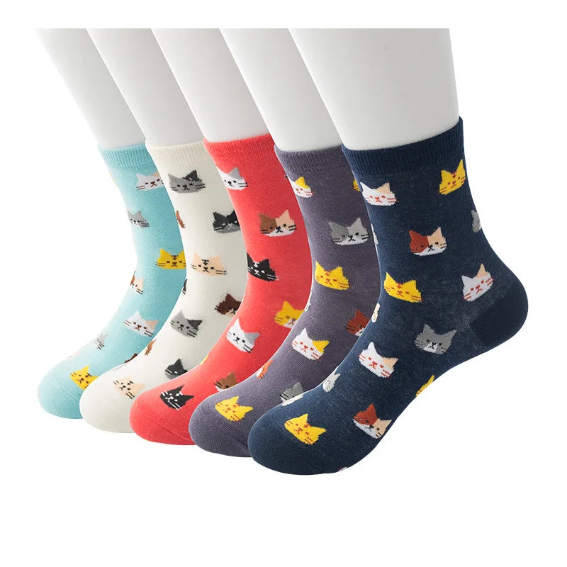 5 Pairs Women Cotton Cat Print Mid Tube Casual Socks