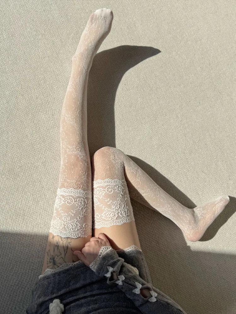 Nylon Spandex Floral Lace Thigh High Stockings