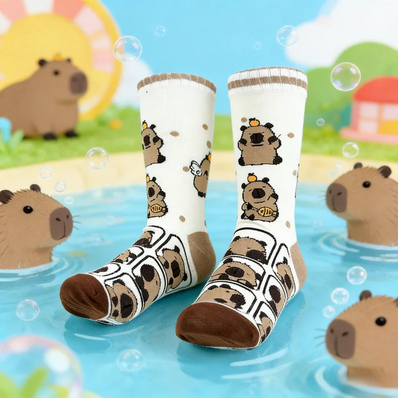Cotton Blend Capybara Print Mid Calf Socks
