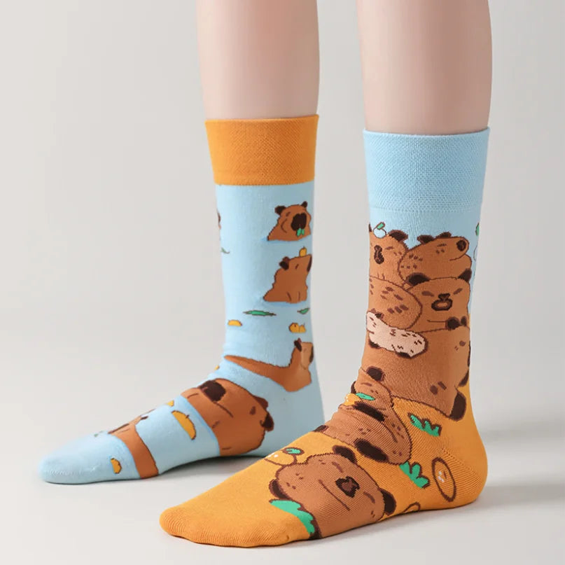 Cotton Blend Capybara Animal Print Mid Calf Crew Socks