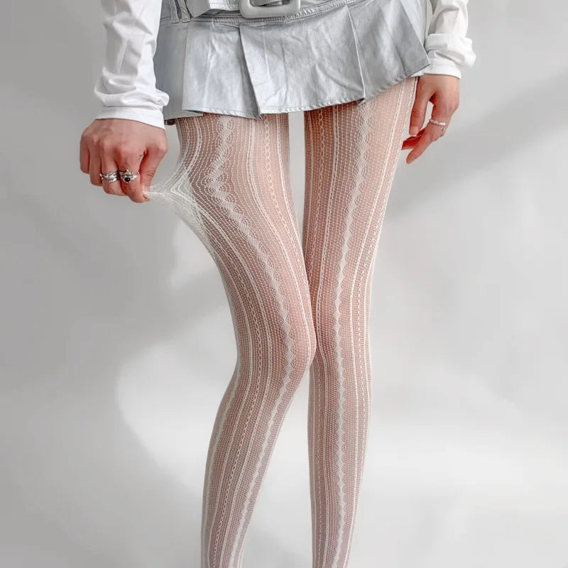 Red Nylon Striped Fishnet Tights for Women