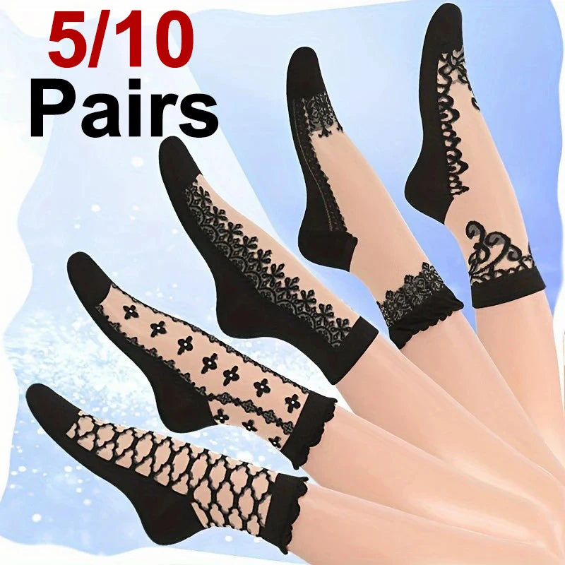Polyester Elastane Lace Pattern Mid Tube Socks - 1