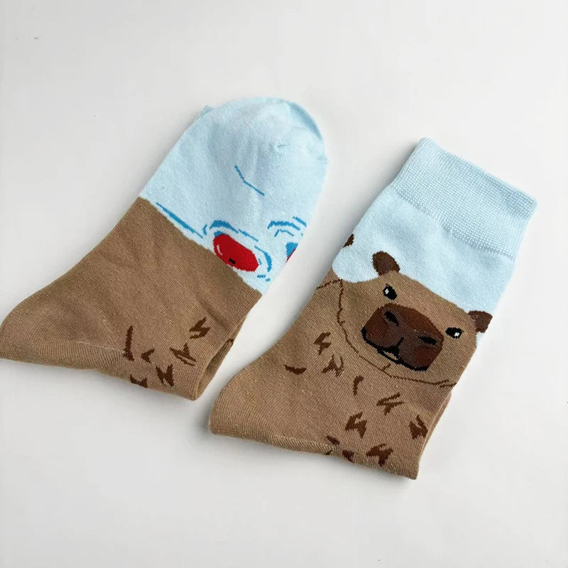 Cotton Blend Capybara Pattern Mid Calf Socks
