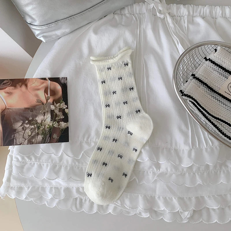 Polyester Spandex Bow Pattern Mid Tube Breathable Casual Socks