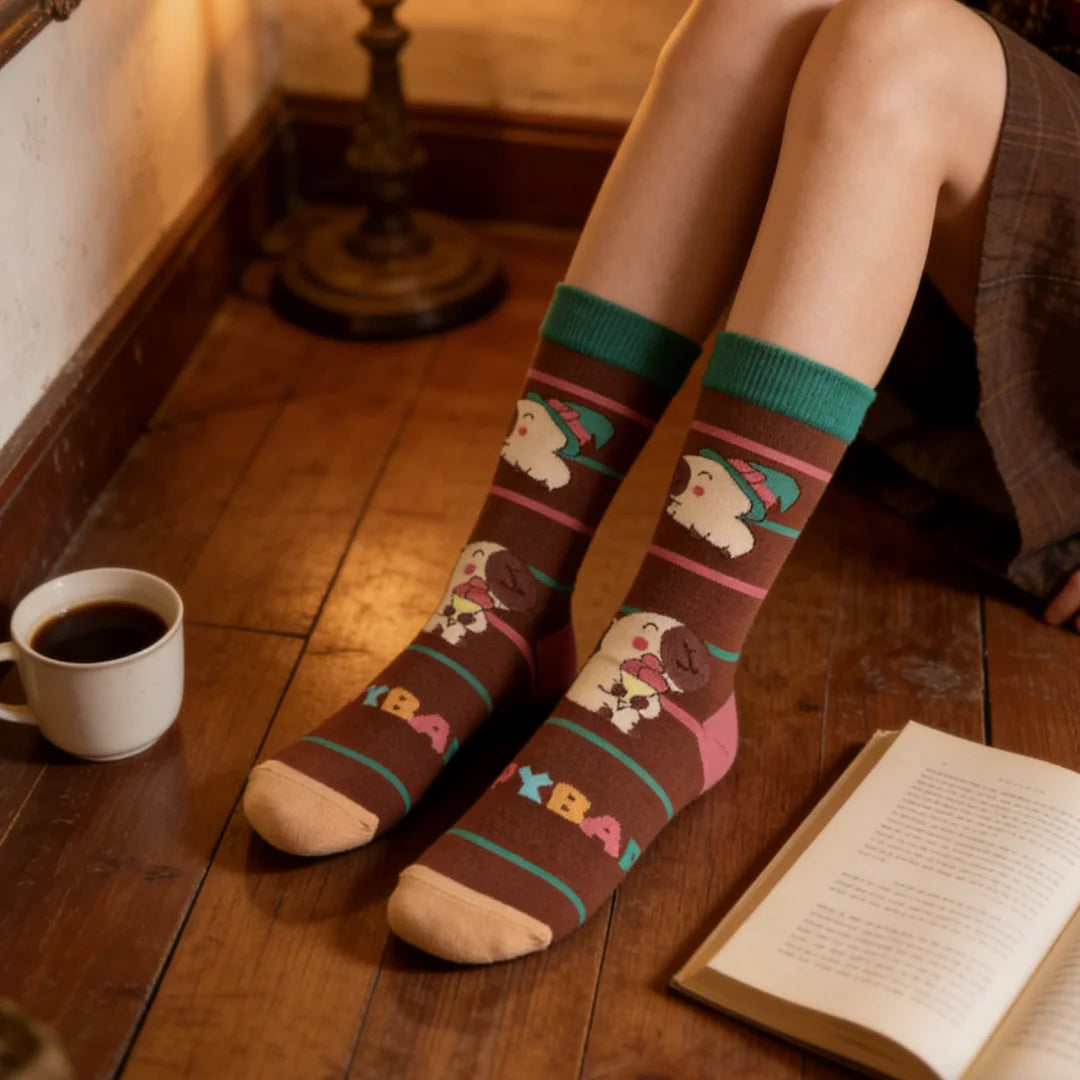 Cotton Blend Capybara Print Mid Calf Socks