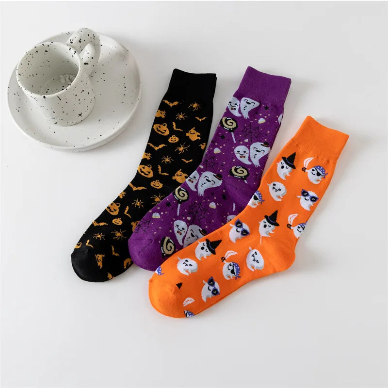 Cotton Blend Halloween Pattern Mid Calf Socks 3 Pair Set - 13