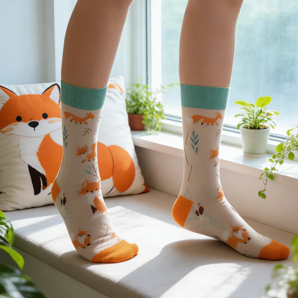 Cotton Blend Fox Pattern Casual Mid Tube Socks