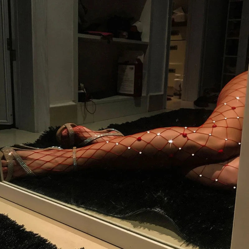 Nylon Heart Rhinestone Fishnet Stockings