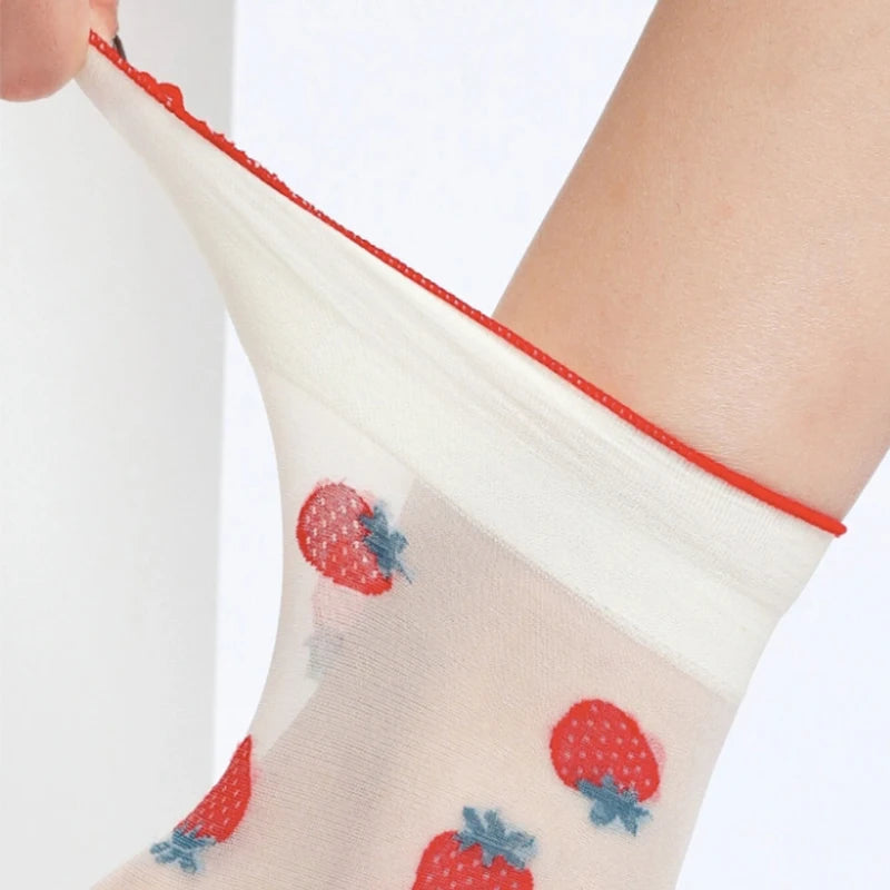 Nylon Spandex Fruit Print Lettuce Edge Mid Tube Socks