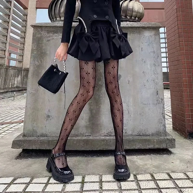 Nylon Cross Print Gothic Lolita Fishnet Tights