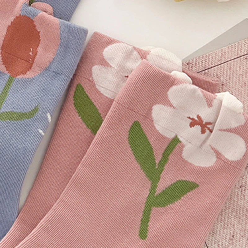 5 Pairs Women Floral Mid Tube Polyester Blend Casual Socks