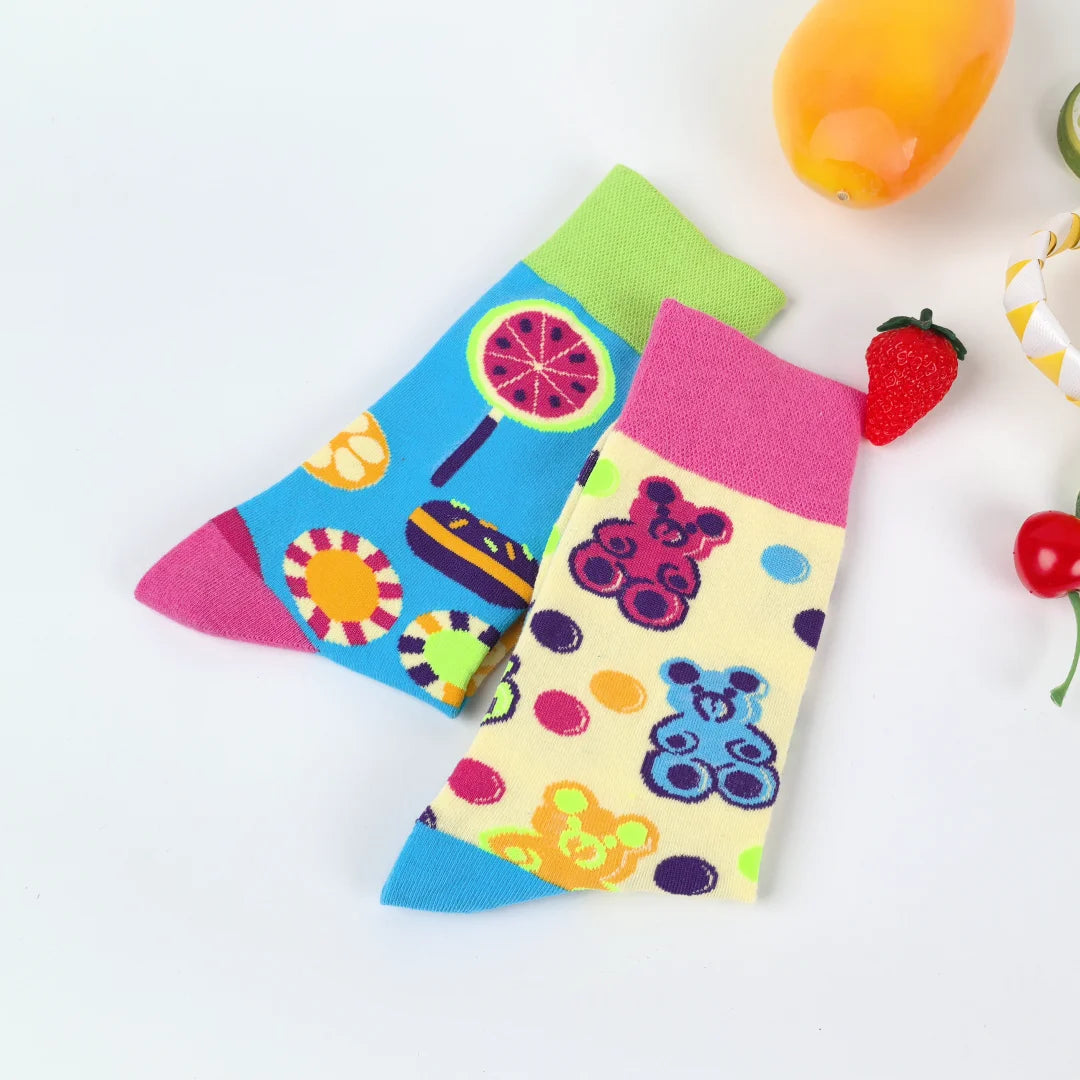 Cotton Blend Cartoon Bear and Sweets Pattern Casual Mid Tube Socks
