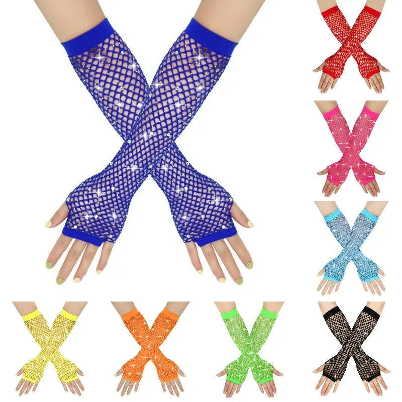 Nylon Elastane Rhinestone Fishnet Fingerless Gloves