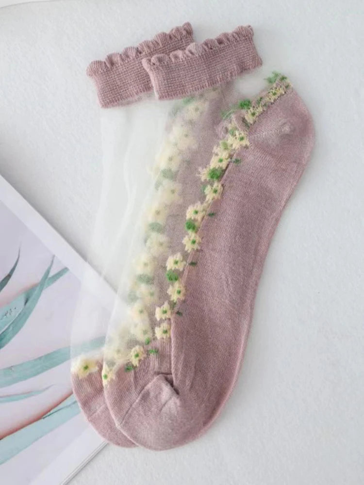 Floral Print Polyester Elastane Low Tube Casual Socks 7 Pairs