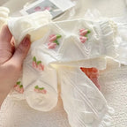 Ruffled Floral Mid Tube Polyester Women Socks 5 Pairs