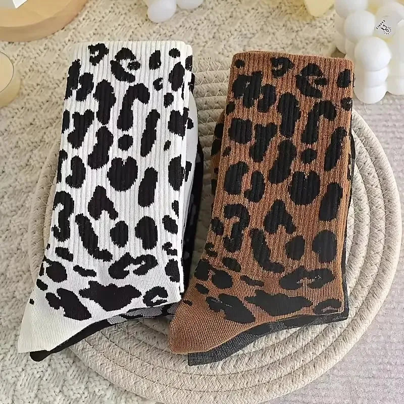 Leopard Print Polyester Spandex Mid Tube Socks 6 Pair Set