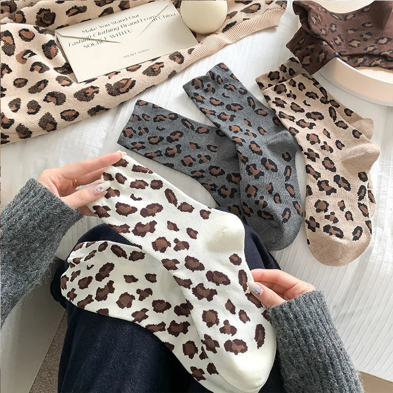 Polyester Elastane Leopard Print Casual Crew Socks
