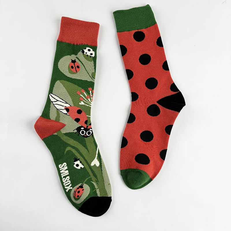 Cotton Blend Ladybug Print Mid Calf Socks