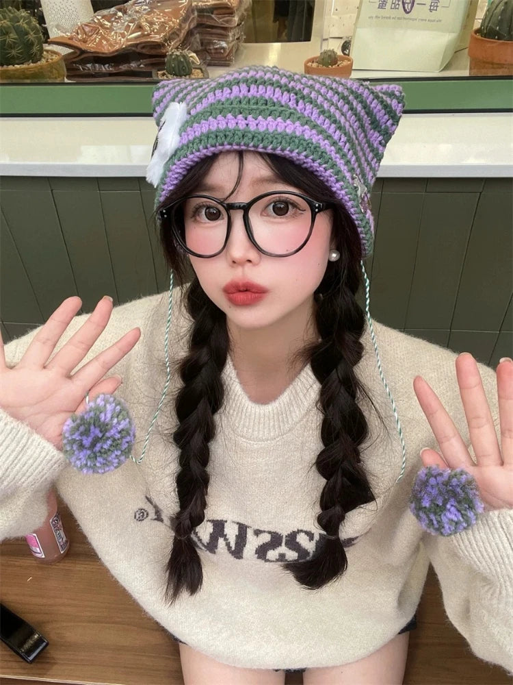 Polyester Knit Cat Ear Beanie Hat with Star Decor - 11