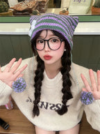 Polyester Knit Cat Ear Beanie Hat with Star Decor