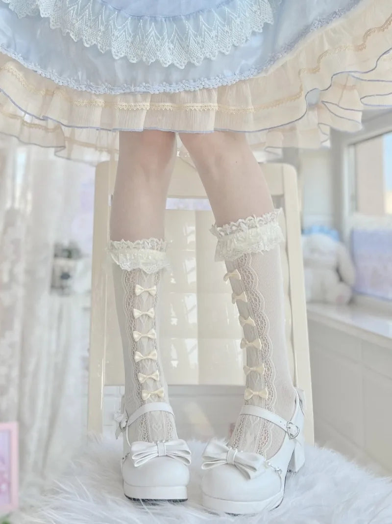 Nylon Lolita Lace Ruffle Knee High Socks with Bows