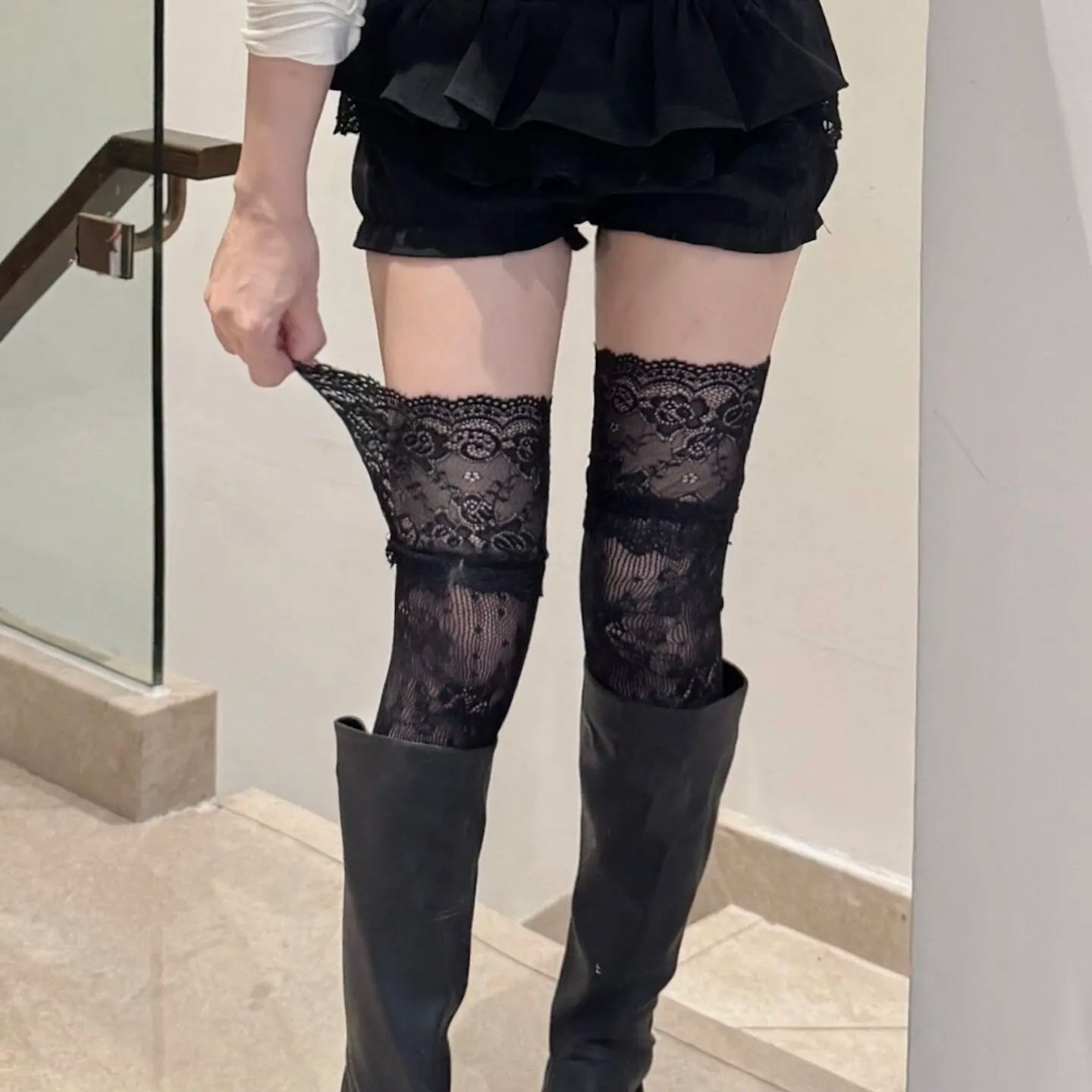 Lace Fishnet Thigh High Stockings - 4