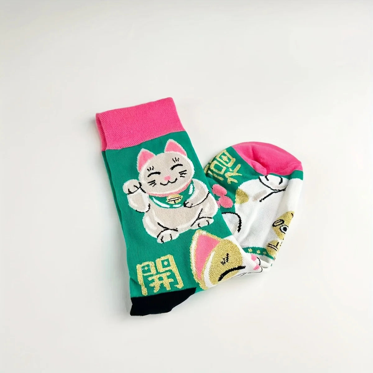Lucky Fortune Cat Print Cotton Blend Crew Socks - 4