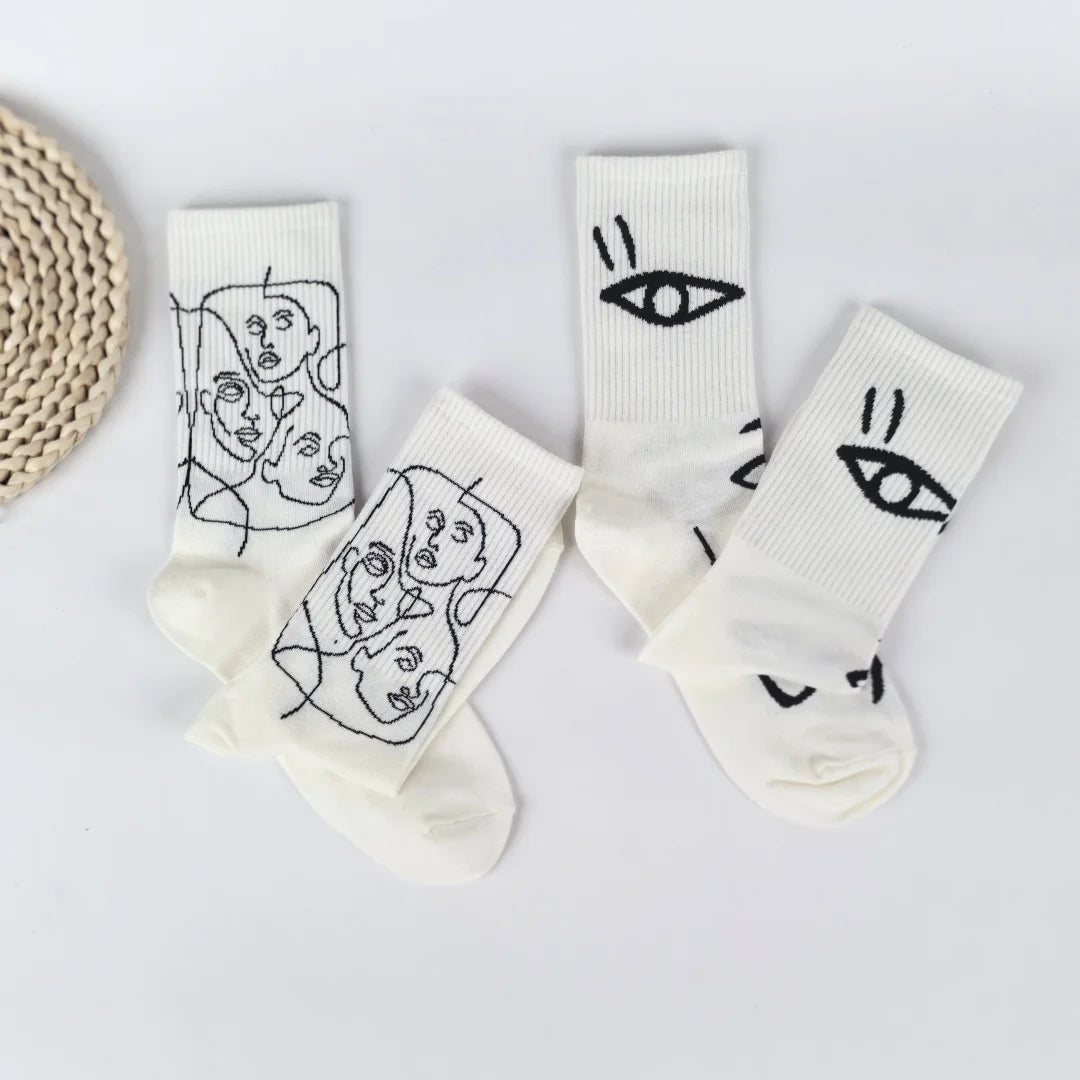 Cotton Blend Abstract Line Art Casual Crew Socks - 10