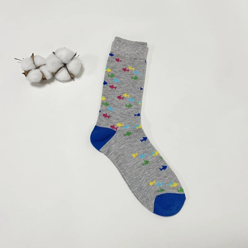 Cotton Blend Fish Pattern Crew Socks - 2