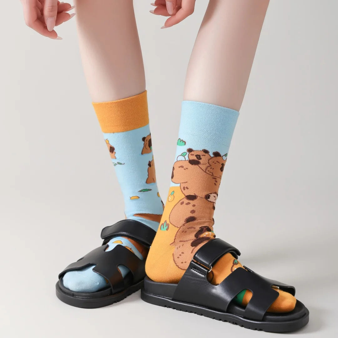 Cotton Blend Capybara Pattern Mid Calf Socks