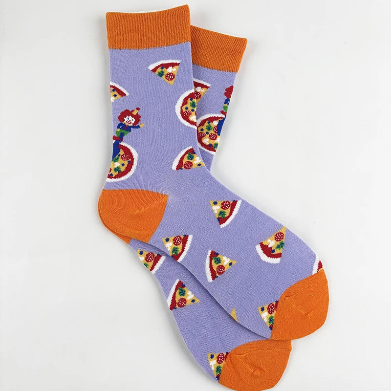 Cotton Blend Clown and Pizza Print Casual Mid Calf Socks