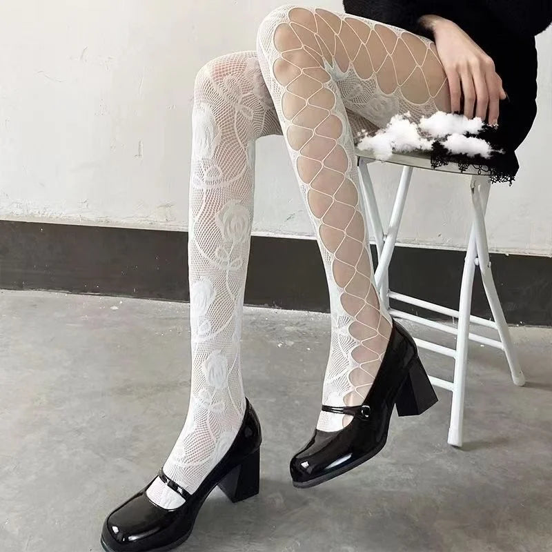 Floral Mesh Nylon Thigh High Pantyhose - 16