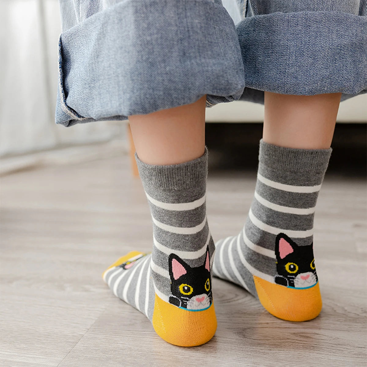 Polyester Elastane Crew Socks Cartoon Cat Pattern 5 Pairs - 3