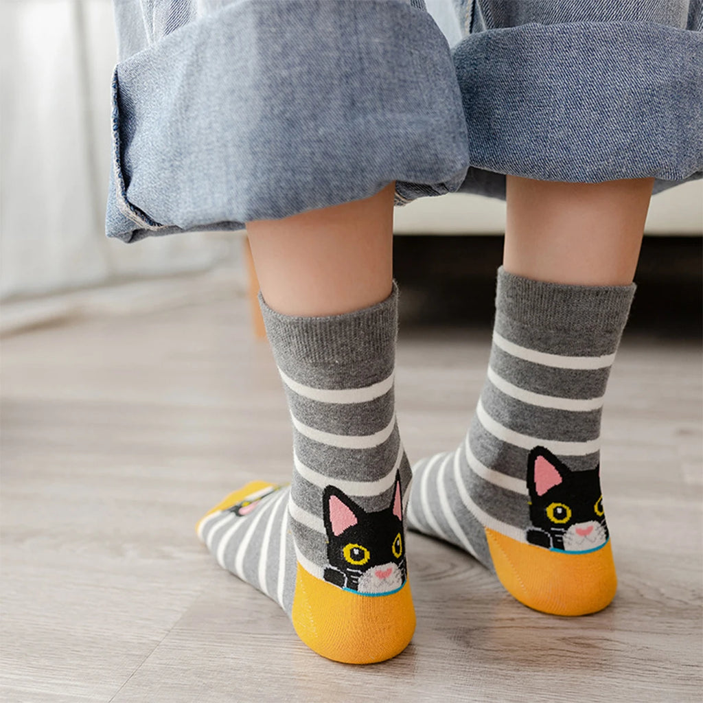 Polyester Elastane Crew Socks Cartoon Cat Pattern 5 Pairs