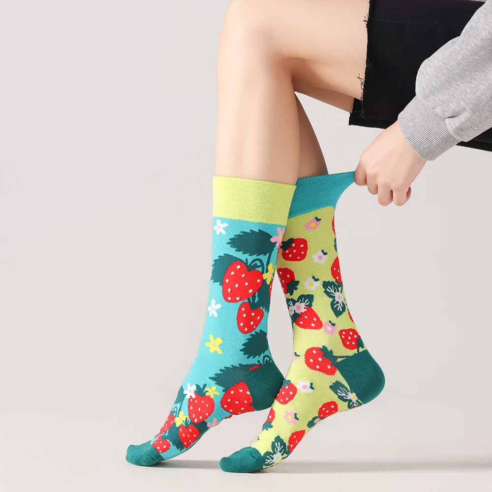Cotton Blend Strawberry Print Mid Calf Socks