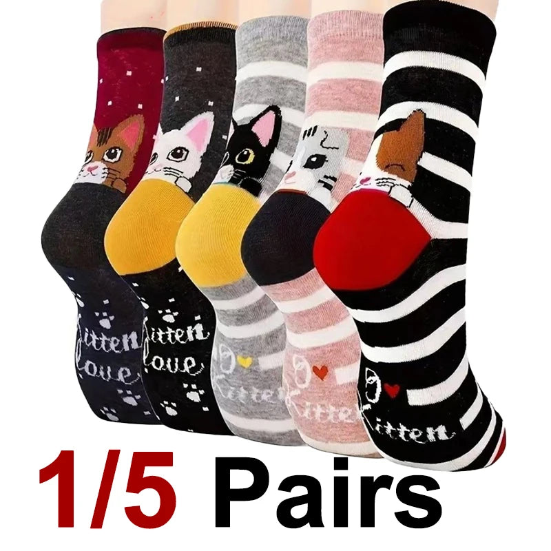 Cotton Blend Cat Pattern Casual Crew Socks for Women