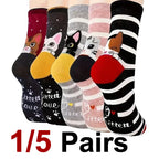 Cotton Blend Cat Pattern Casual Crew Socks for Women