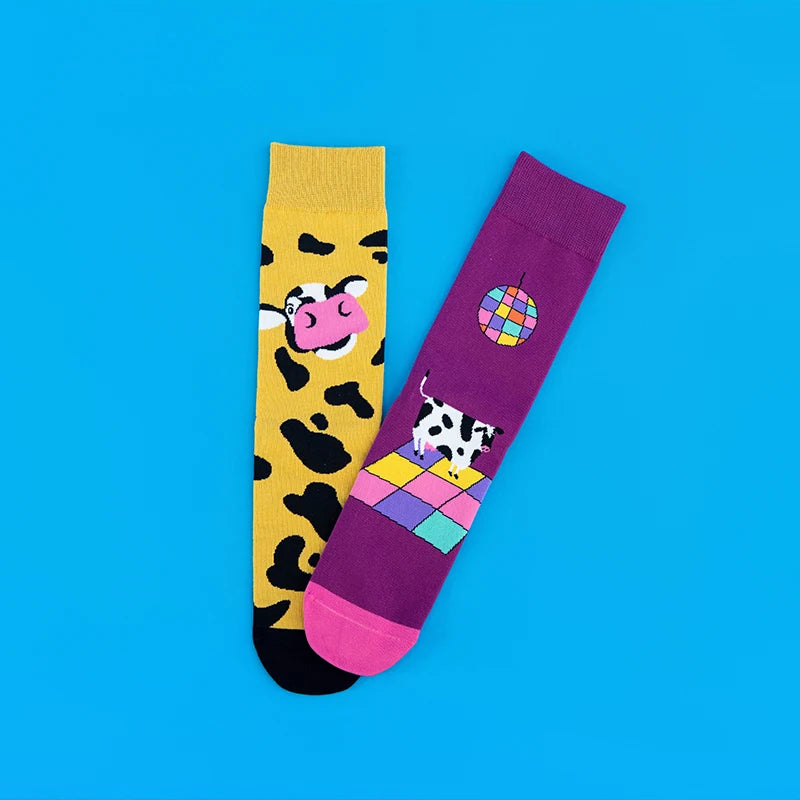 Cotton Blend Cartoon Cow Print Crew Socks