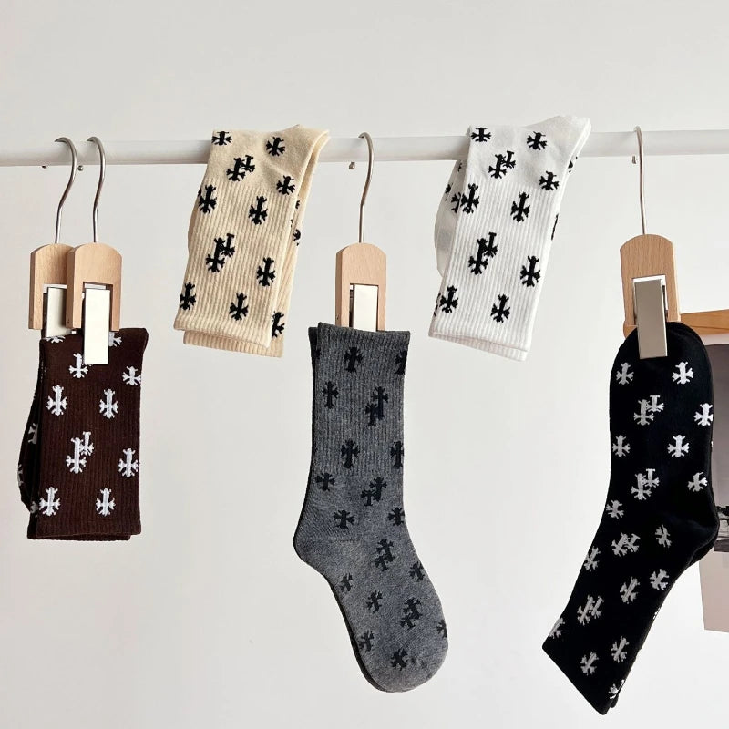 Cotton Cross Pattern Unisex Mid Tube Casual Socks