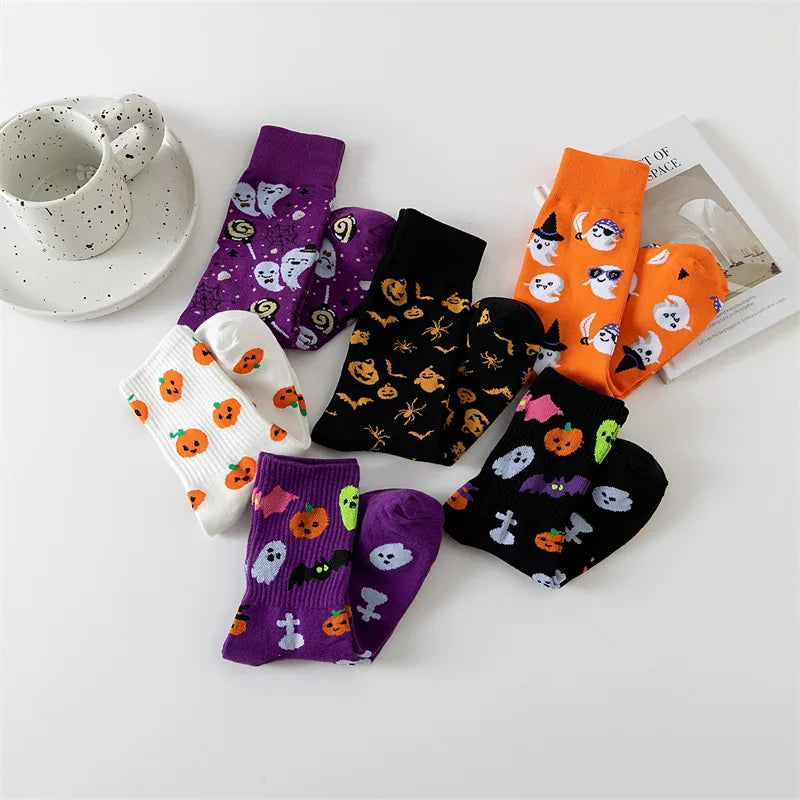 Cotton Blend Halloween Pattern Mid Calf Socks 3 Pair Set