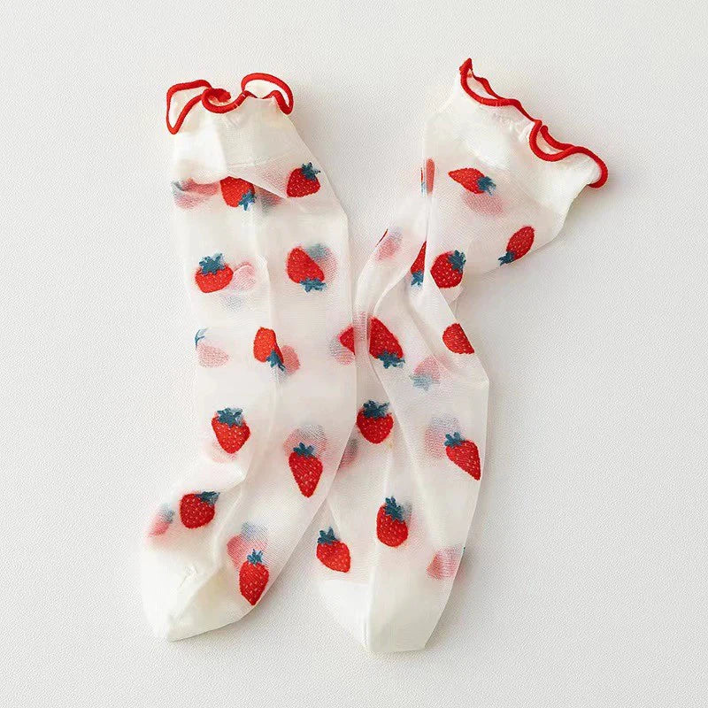 Nylon Spandex Fruit Print Lettuce Edge Mid Tube Socks