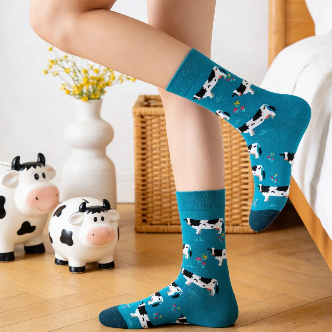 Cotton Blend Cartoon Cow Pattern Mid Calf Socks