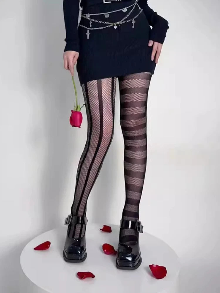 Nylon Asymmetric Striped Mesh Tights